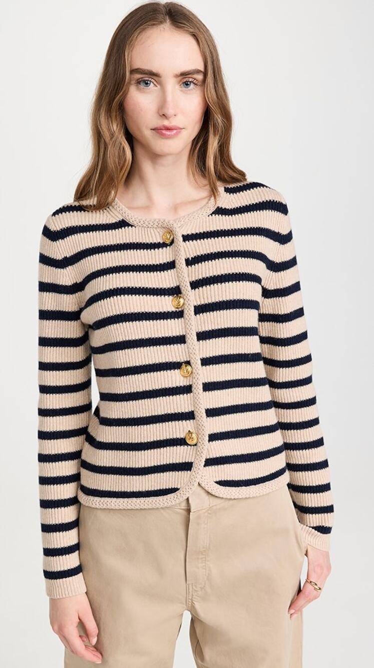 Rag & Bone Nancy Cardigan Striped Knit Gold Button Sweater Wool Blend Large